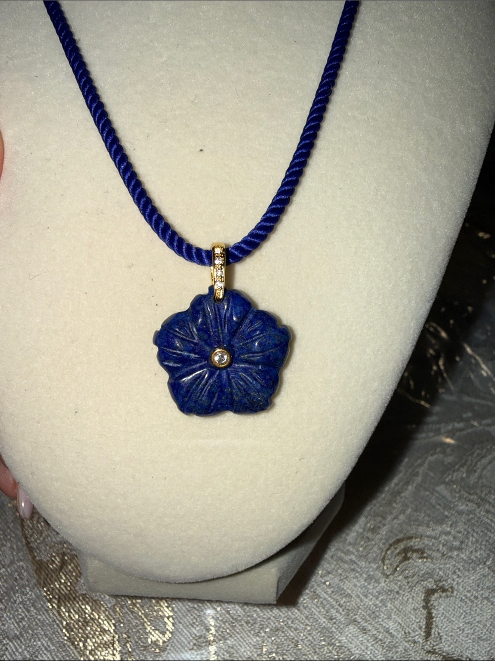 Adina Eden Blue lapis crystal stone Flower Pendant on blue rope Necklace